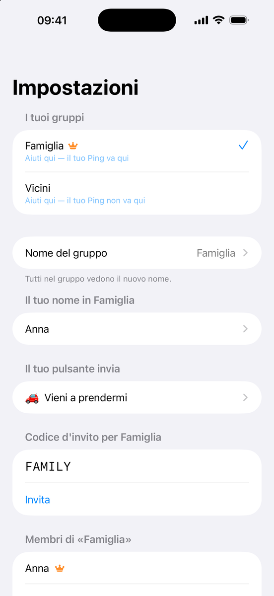 Impostazioni: I tuoi gruppi con Famiglia e Vicini