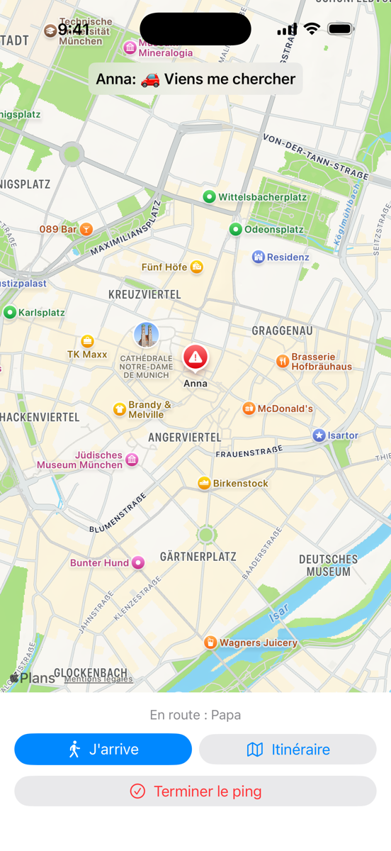 Carte en direct avec position, J'arrive et itinéraire