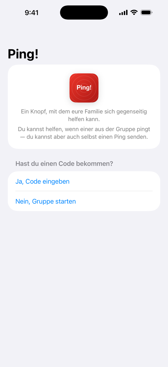 Einrichtungsbildschirm: Name, Knopf-Grund, Gruppe erstellen oder beitreten