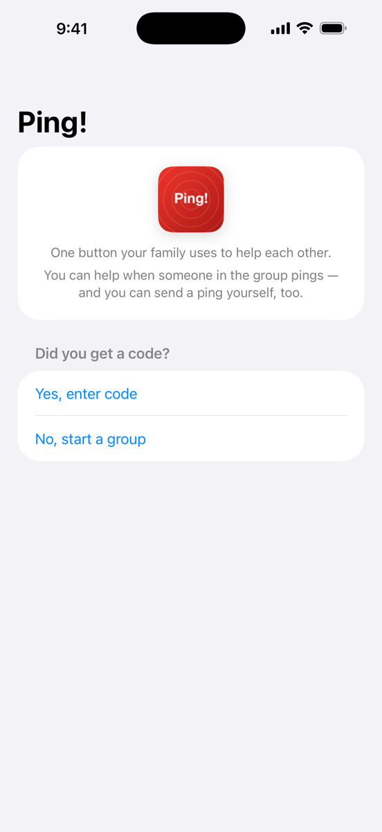 Setup screen: name, button reason, create or join a group