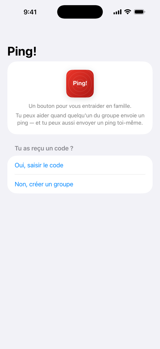 Écran de configuration : nom, raison du bouton, créer ou rejoindre un groupe