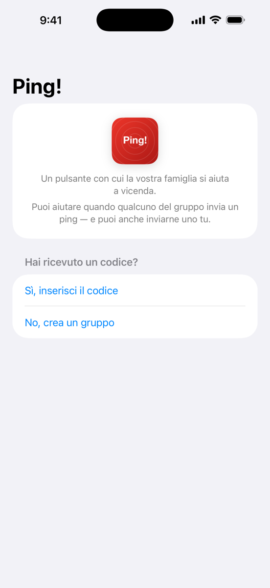 Schermata di configurazione: nome, motivo del pulsante, creare o unirsi a un gruppo