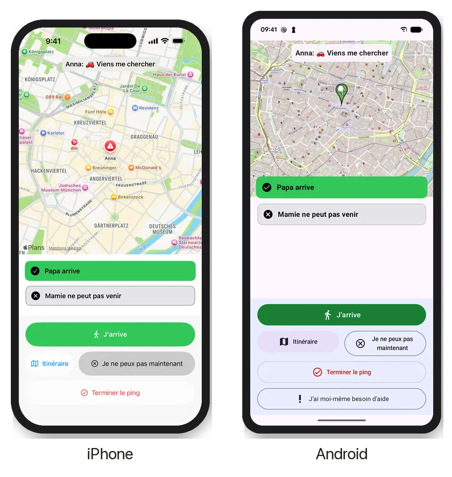 Ping! sur un iPhone et un téléphone Android côte à côte : Anna demande qu'on vienne la chercher, Papa arrive